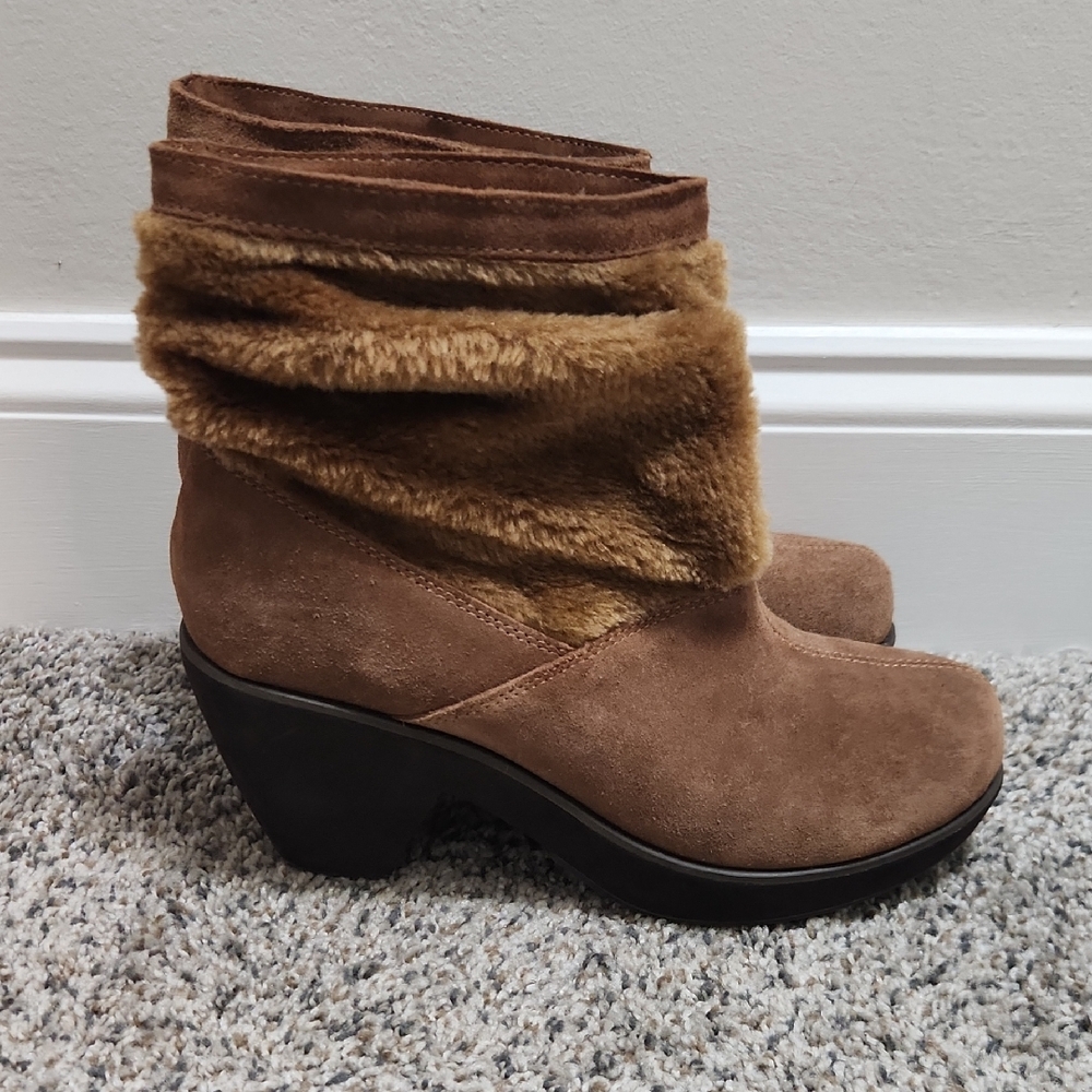 Skechers Y2K Leather Winter Fur Brown Suede Ankle Boots 9 Disco Bunny
